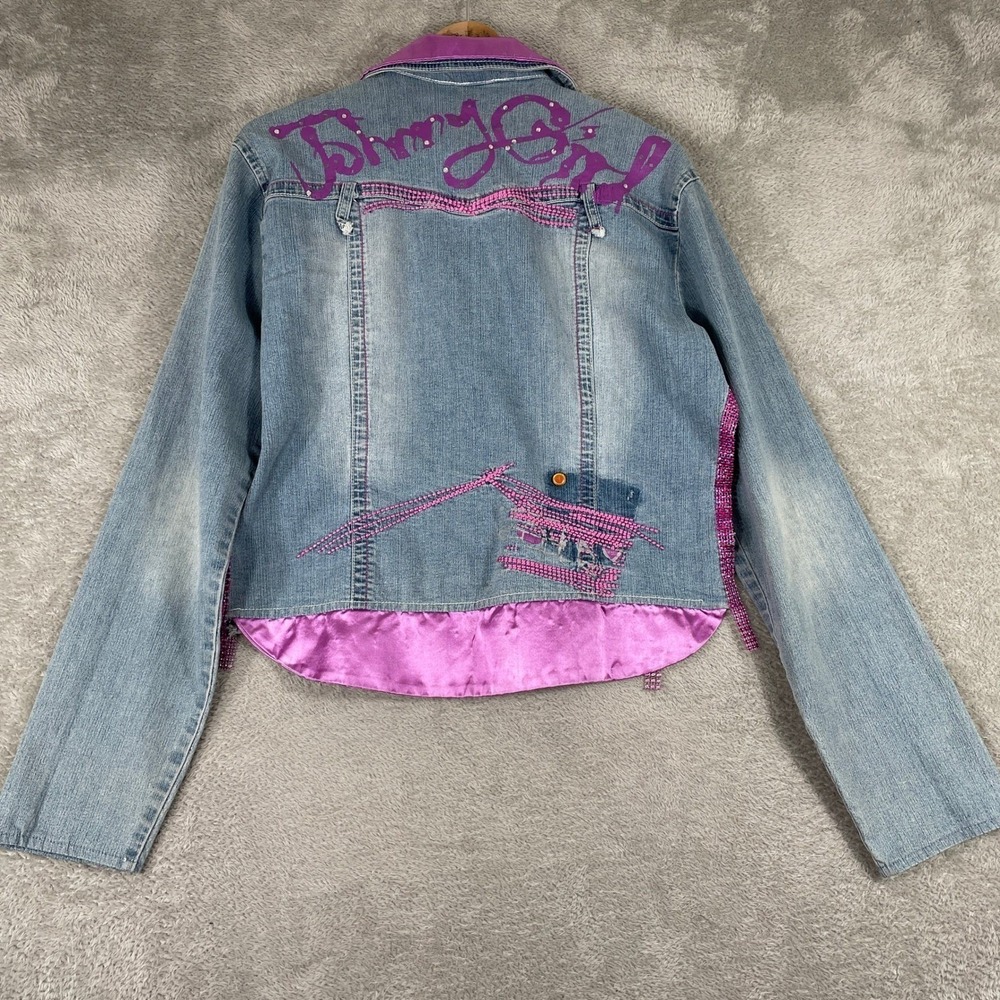 Johnny Girl Denim Jacket Womens XL Blue Purple Y2K Rhinestone Spellout Western